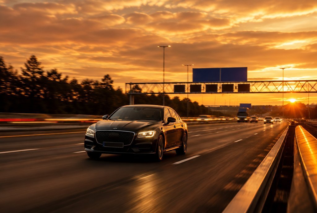 Black car on the motorway at golden hour