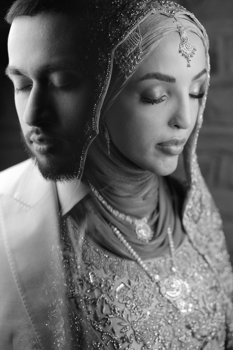 Black and white portrait of bride and groom
