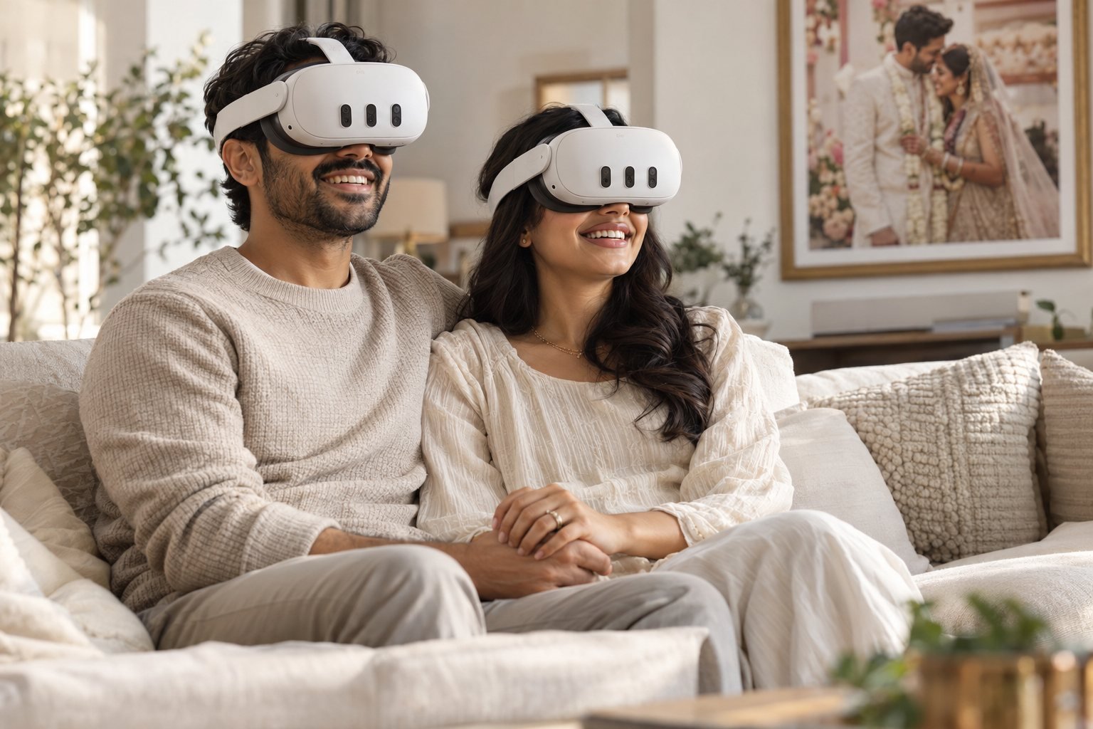 Couple on the sofa reliving their wedding in VR headsets
